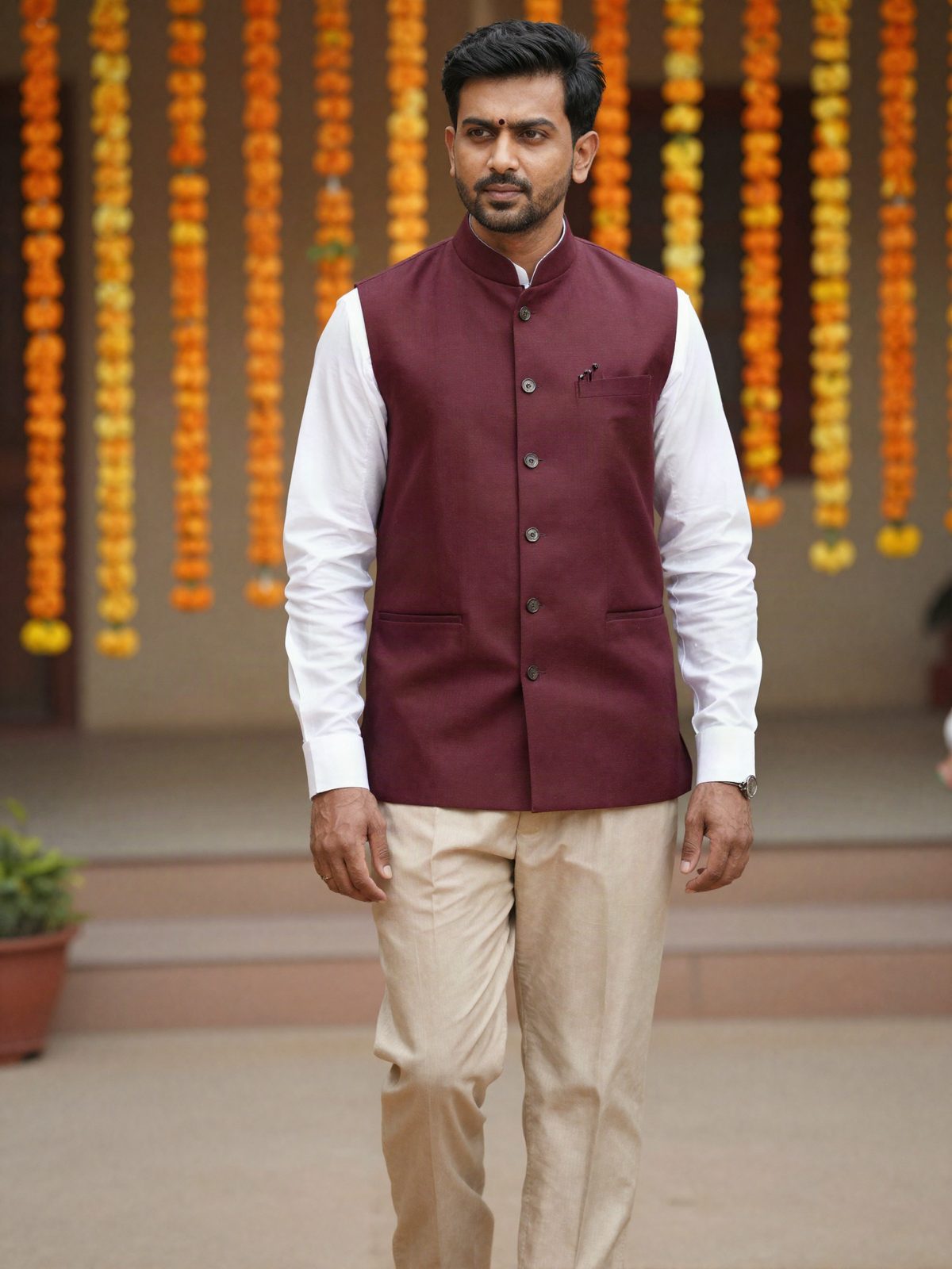 A man in a maroon bundi over a white shirt in a festive courtyard