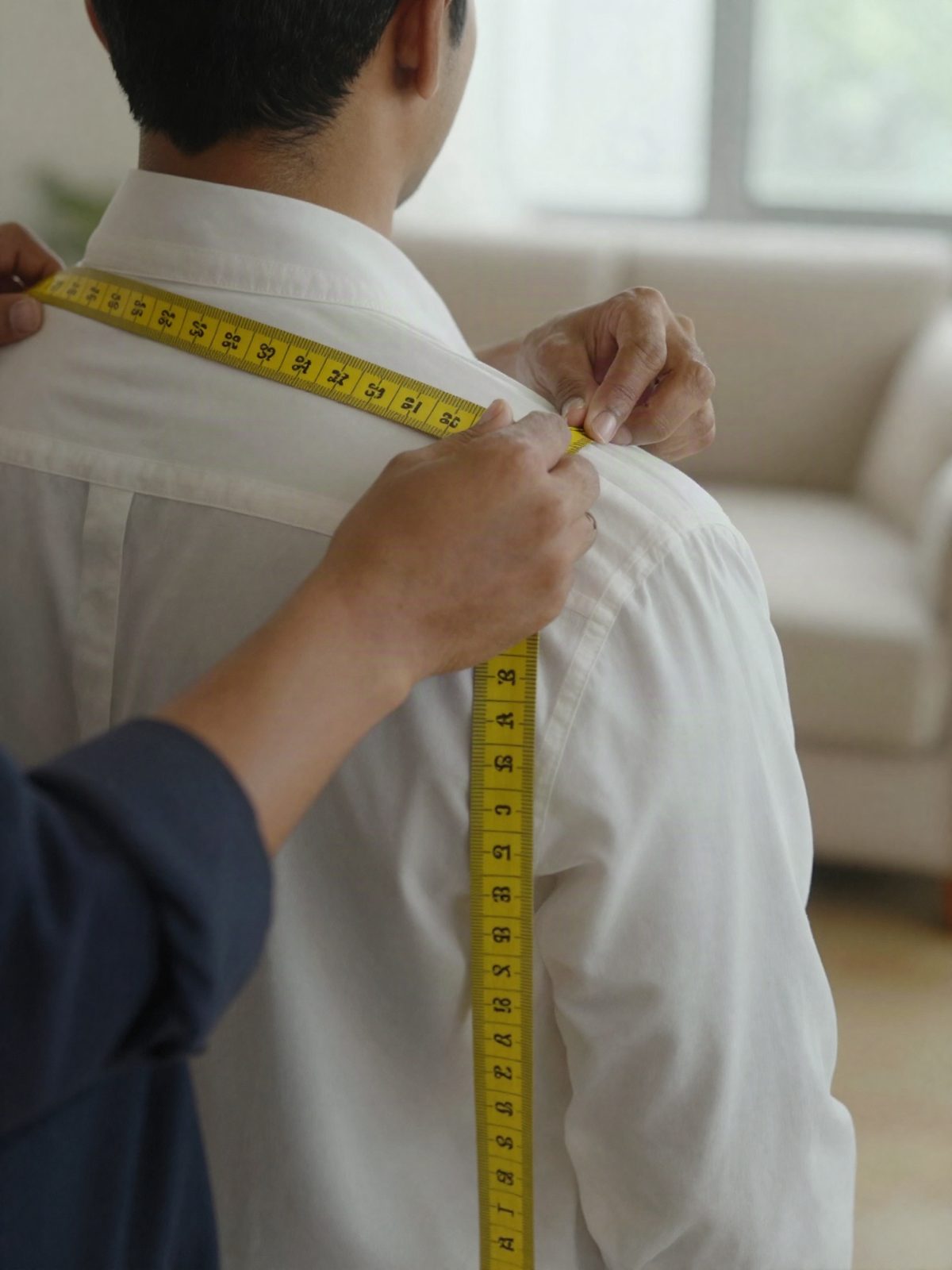 A tailor's hands placing a tape measure across a man's shoulder