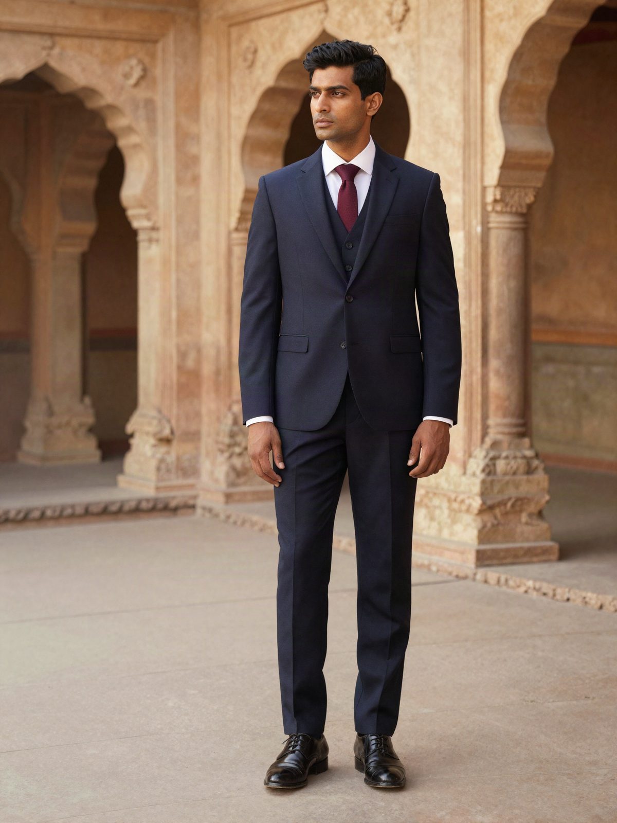A man in a navy three-piece suit in the arched corridor of a Delhi haveli